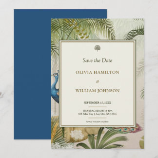 12x18 Peacock Blue Tropical Peacock Palm Wedding Save The Date