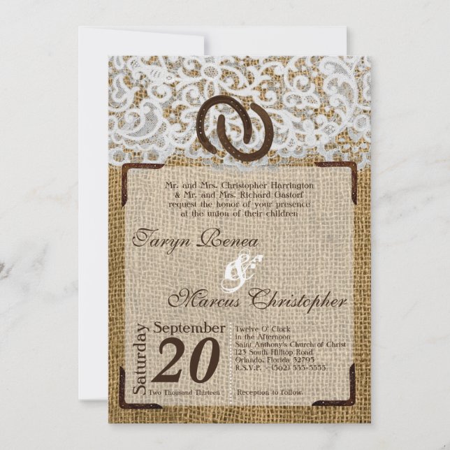 12x18 Pferdeschuhe auf Burlap Lace Hochzeit Einlad Einladung (Vorderseite)
