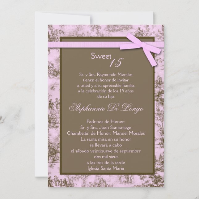 12x18 Pink Brown ToileFabric Quinceanera Einladung (Vorderseite)