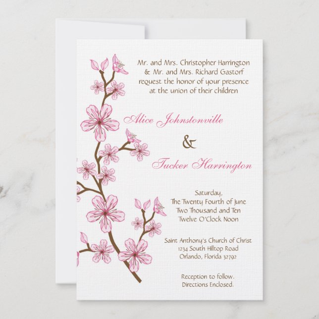 12x18 Pink Cherry Blossom Linen Einladung Hochzeit (Vorderseite)