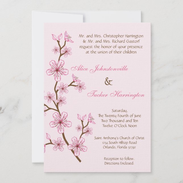 12x18 Pink Cherry Blossom Linen Hochzeitsempfang Einladung (Vorderseite)