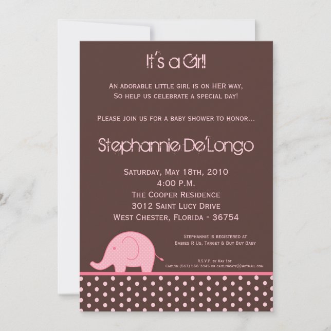 12x18 Pink Girl Mod Elephant Baby Dusche Einladung (Vorderseite)