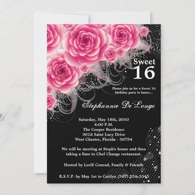 12x18 Pink Roses Blumensüß 16 Geburtstag Einladung (Vorderseite)