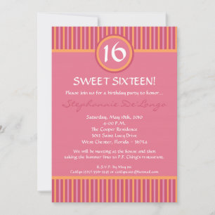 12x18 Pink und Orange Streifen 16 Geburtstagsfeier Einladung