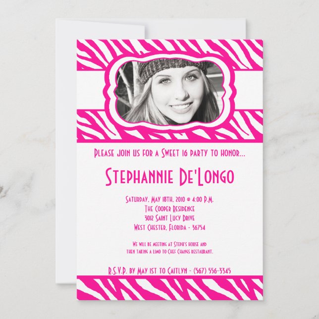 12x18 Pink Zebra FOTO Sweet 16 Birthday Einladung (Vorderseite)