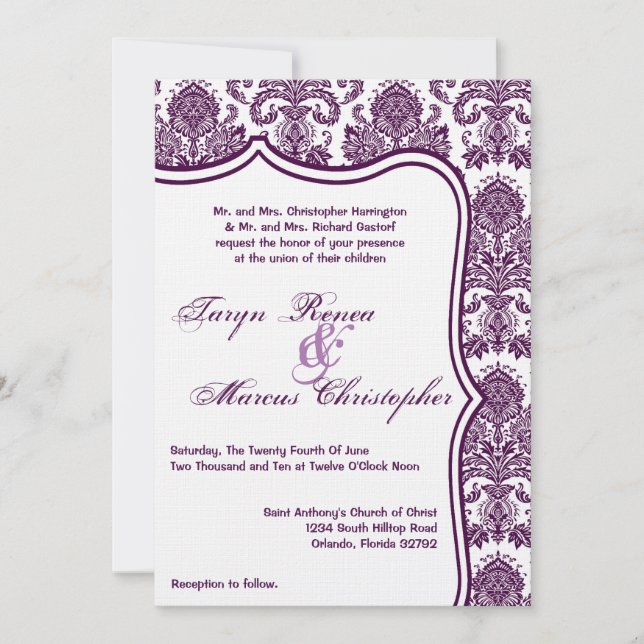 12x18 Plum Lila Damask Hochzeitsfeier Einladung (Vorderseite)