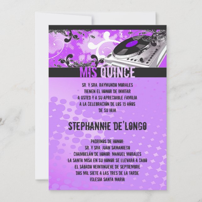 12x18 Purpl DJ Spin Turntable Quinceanera Einladun Einladung (Vorderseite)
