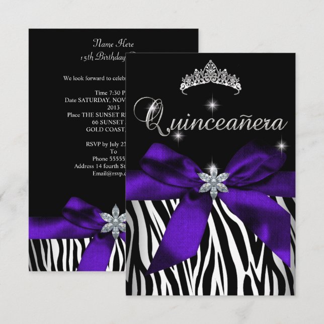 12x18 Quinceanera Lila Zebra Schwarz-weiß Einladung (Vorne/Hinten)