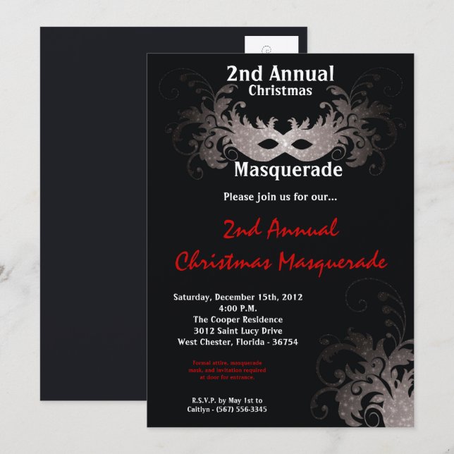 12x18 Red Silver Masquerade Weihnachts-Einladung Einladung (Vorne/Hinten)