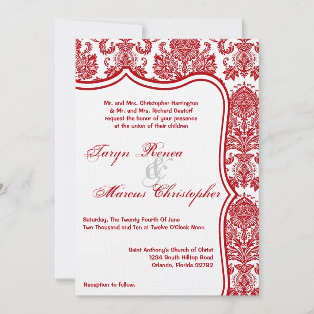 12x18 Red White Damask Lace Wedding Einladung (Vorderseite)