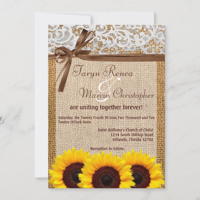 12x18 Sunblume Lace Burlap Count Hochzeit Einladun Einladung (Vorderseite)