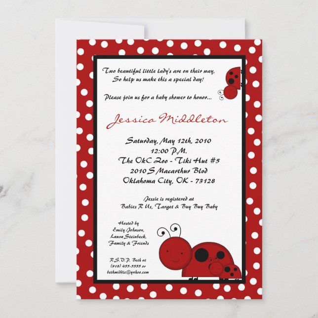 12x18 TWIN TWINS Red Lady Bug Babydusche Einladung (Vorderseite)
