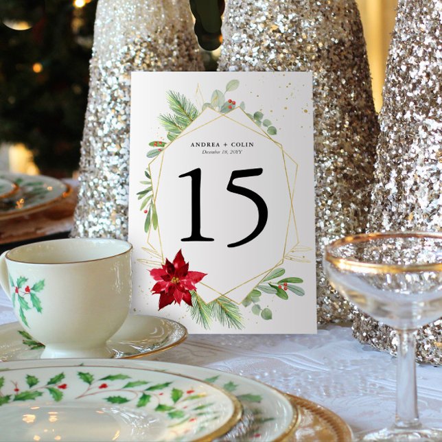 12x18 Watercolor Holiday Greenery Gold Tischnummer (Christmas Holiday Wedding Table Numbers with Holiday Greenery and Red Poinsettia (5x7))