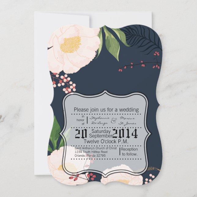 12x18 Wedding Einladung Baby Pink Cosmos auf Navy (Vorderseite)