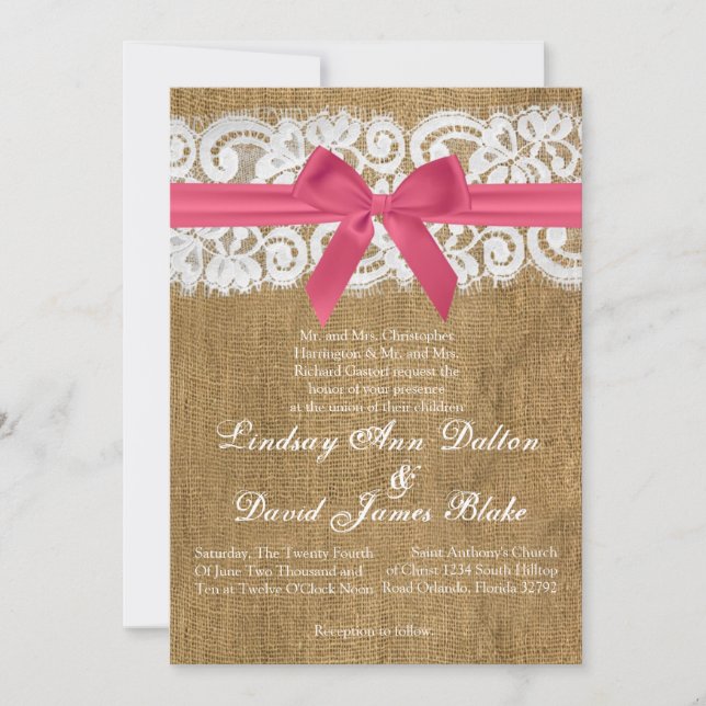 12x18 Wedding Einladung Pink Burlap Lace (Vorderseite)