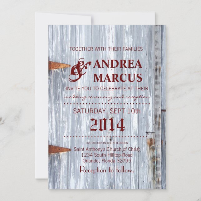 12x18 Wedding Einladung Weißwaschholz Holzstall Tü (Vorderseite)