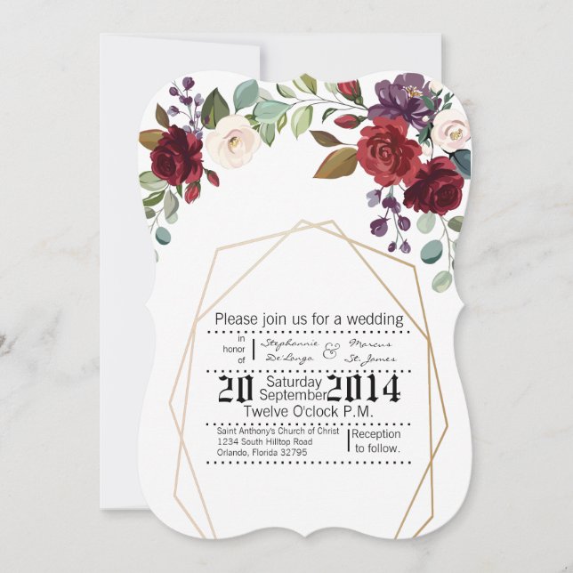 12x18 Wedding Einladung White Roses Gold Geom (Vorderseite)