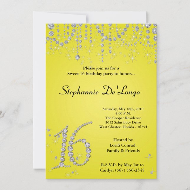 12x18 Yellow Diamond Sweet 16 Geburtstag Einladung (Vorderseite)