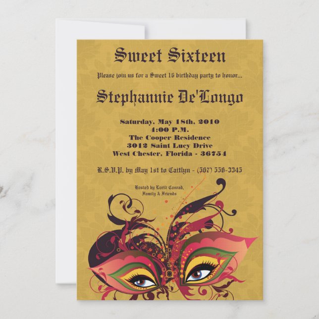 12x18 Yellow Masquerade Sweet 16 Geburtstag Einlad Einladung (Vorderseite)