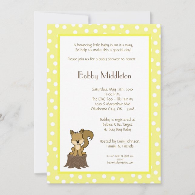 12x18 Yellow Woodland Squirel Baby Dusche Einladun Einladung (Vorderseite)