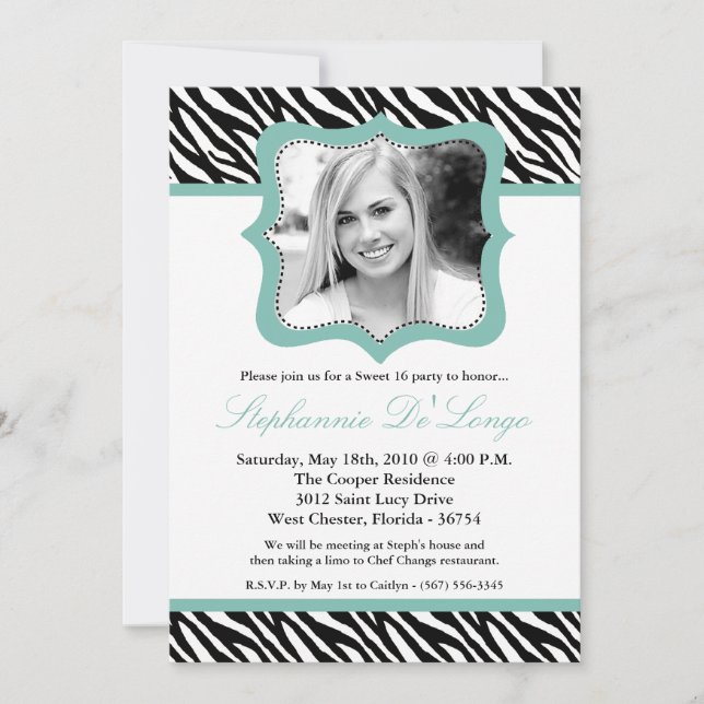 12x18 Zebra FOTO Sweet 16 Birthday Invite Einladung (Vorderseite)