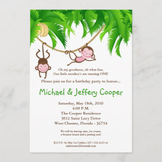 12x18 ZWILLINGE Affe-Dschungel-Geburtstags-Party Einladung
