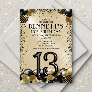 13. Balloons Black Gold Geburtstag Einladung