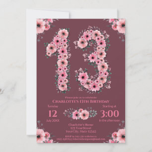 13. Big Birthday Girl Pink Blume Green Foliage Einladung