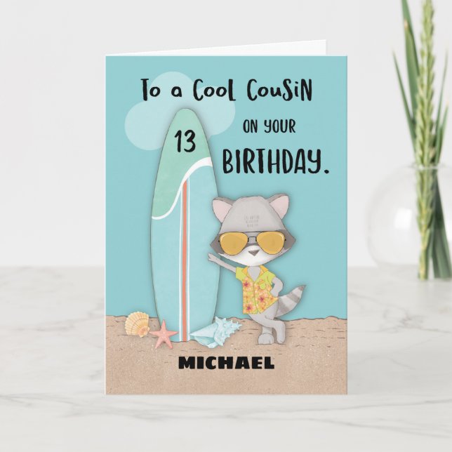 13 Cousin Geburtstag Strand Funny Cool Raccoon Karte (Vorderseite)