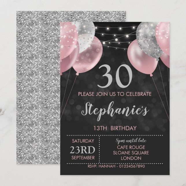 13. Einladung Pink Silver Geburtstag Einladung (Vorne/Hinten)