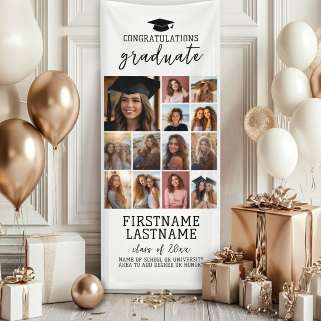 13 Foto Collage Abschluss Moderner Minimal weiß Banner (Custom Graduation Photo Banner - Great backdrop and Graduation Party Decoration)