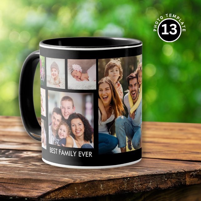 13 Foto Collage Beste Familie je Name Schwarz Tasse (Von Creator hochgeladen)