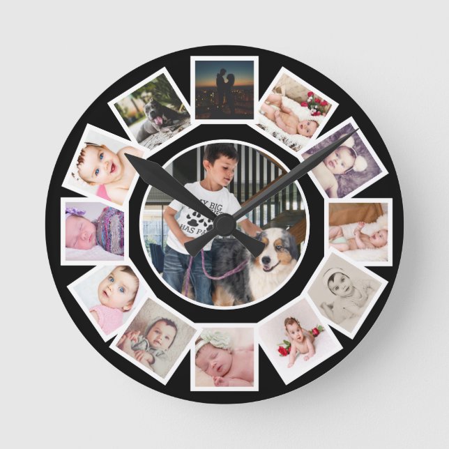 13 FotoCollage Personalisiert Schwarz-weiß Runde Wanduhr (Vorderseite)