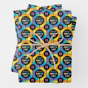 13. Geburtstag Balloons Regenbogenstreifen Geschenkpapier Set