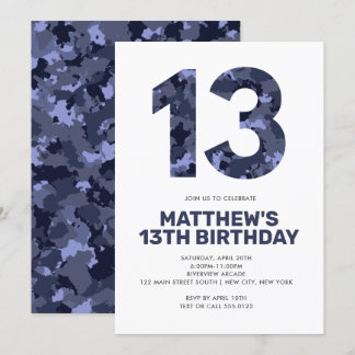 13. Geburtstag, Blaue Camouflage Personalisierter  Einladung