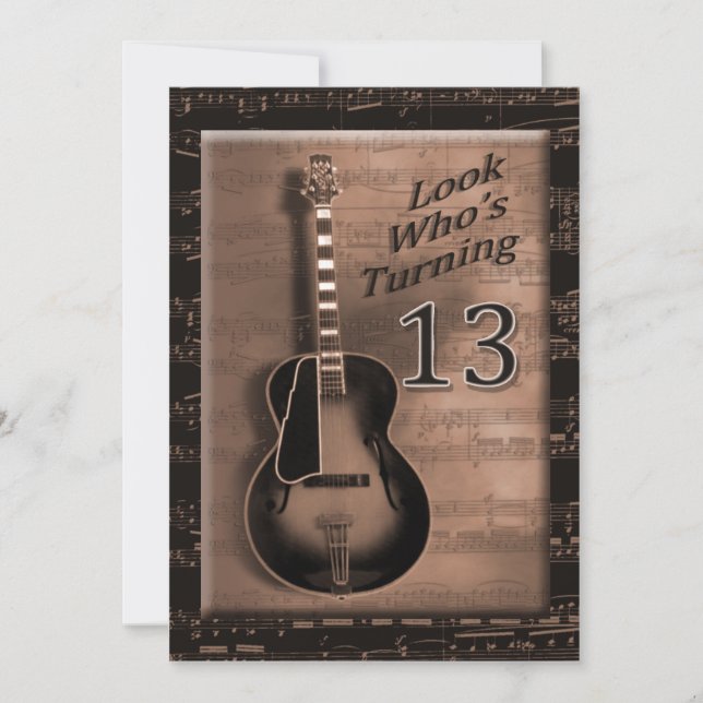 13. Geburtstag, braune Gitarre, Musical Einladung (Vorderseite)
