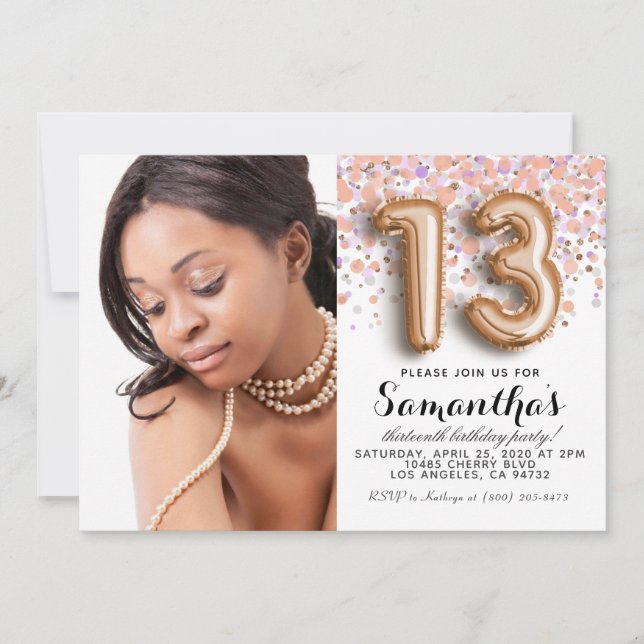 13. Geburtstag Confetti Rose Gold Portrait Einladung (Vorderseite)