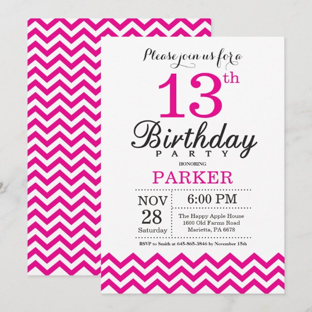 13. Geburtstag Einladung Hot Pink Zickzack (Vorne/Hinten)