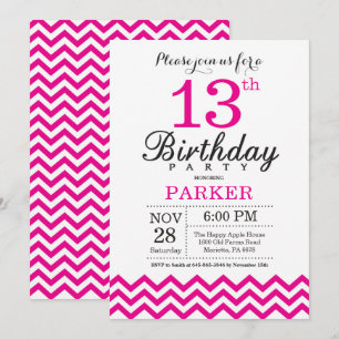 13. Geburtstag Einladung Hot Pink Zickzack