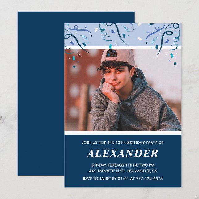 13. Geburtstag Einladungen Foto Navy Blue (Vorne/Hinten)