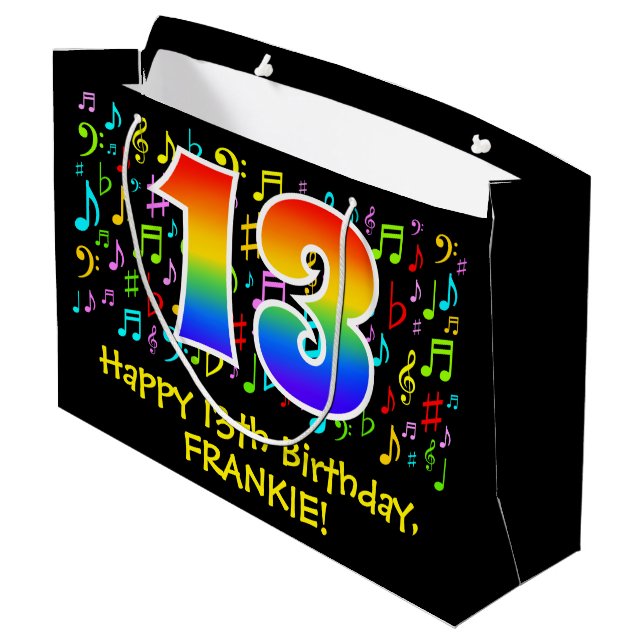13. Geburtstag - Farbige Musiksymbole, Regenbogen  Große Geschenktüte (Rückseite Schrägansicht)