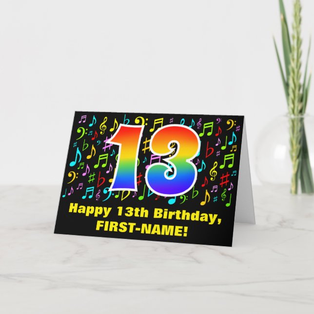 13. Geburtstag: Farbige Musiksymbole & Regenbogen  Karte (Vorderseite)