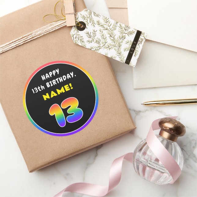 13. Geburtstag: Farbiger Regenbogen # 13, Individu Runder Aufkleber (Schenken)