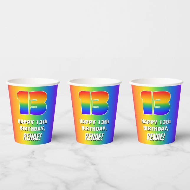13. Geburtstag: Farbiges, lustiges Regenbogenmuste Pappbecher (Multi)