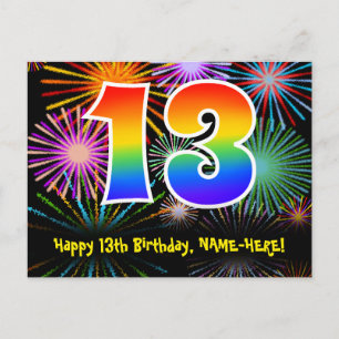 13. Geburtstag - Fun Fireworks Pattern + Regenboge Postkarte