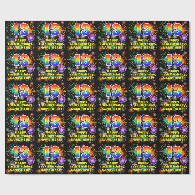 13. Geburtstag: Fun Fireworks, Rainbow Look # "13" Geschenkpapier (Flach)