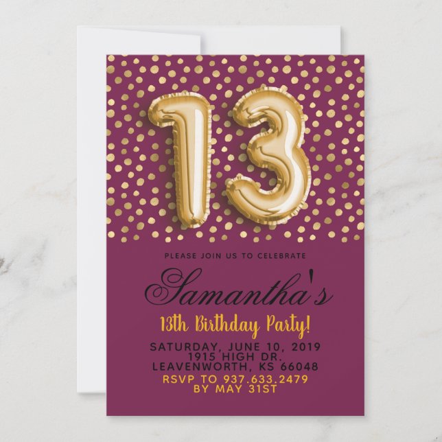 13. Geburtstag Gold Confetti Einladung (Vorderseite)