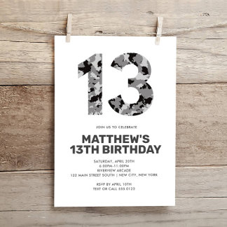 13. Geburtstag, Grauer Camouflage Personalisierter Einladung