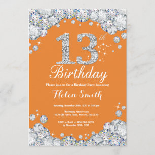 13. Geburtstag Orange und Silver Diamond Einladung