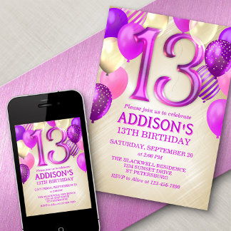 13. Geburtstag Pink Balloons Einladung